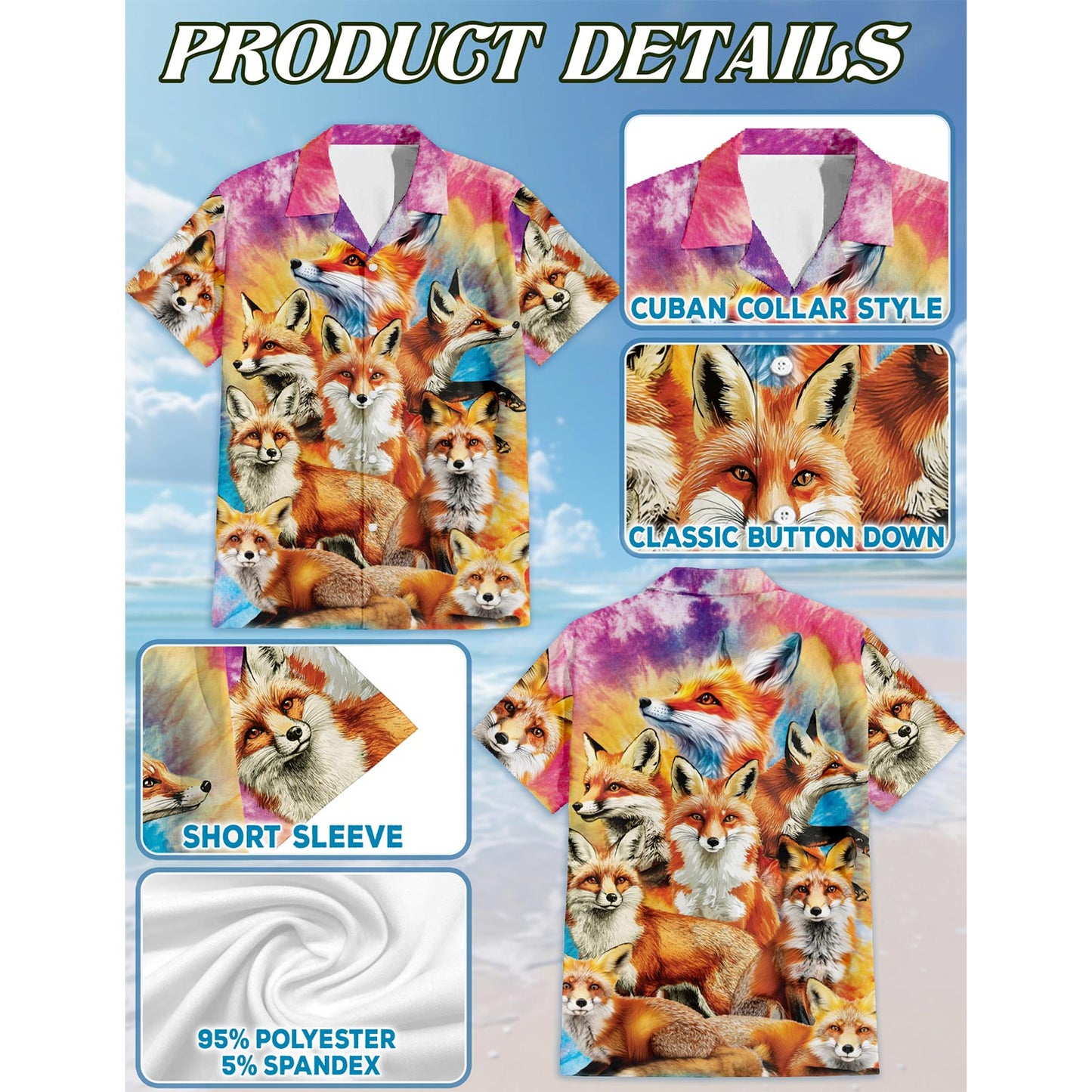 Netecom Colorful Fox Hawaiian Shirt for Men, Button Down Summer Beach Short Sleeve, Sizes S-5XL