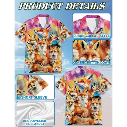 Netecom Colorful Fox Hawaiian Shirt for Men, Button Down Summer Beach Short Sleeve, Sizes S-5XL