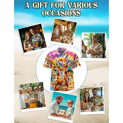Netecom Colorful Fox Hawaiian Shirt for Men, Button Down Summer Beach Short Sleeve, Sizes S-5XL