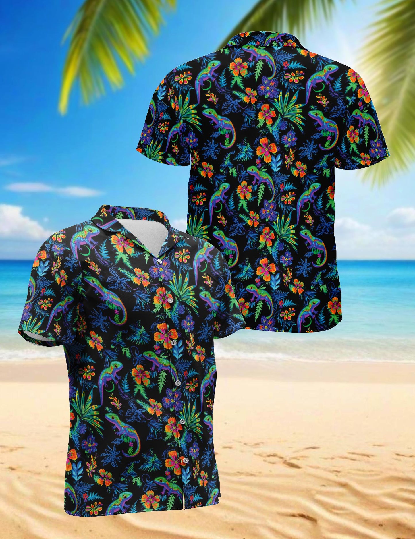 Netecom Colorful Gecko Hawaiian Shirt for Men, Tropical Style, Button Down Summer Beach Short Sleeve, Sizes S-5XL