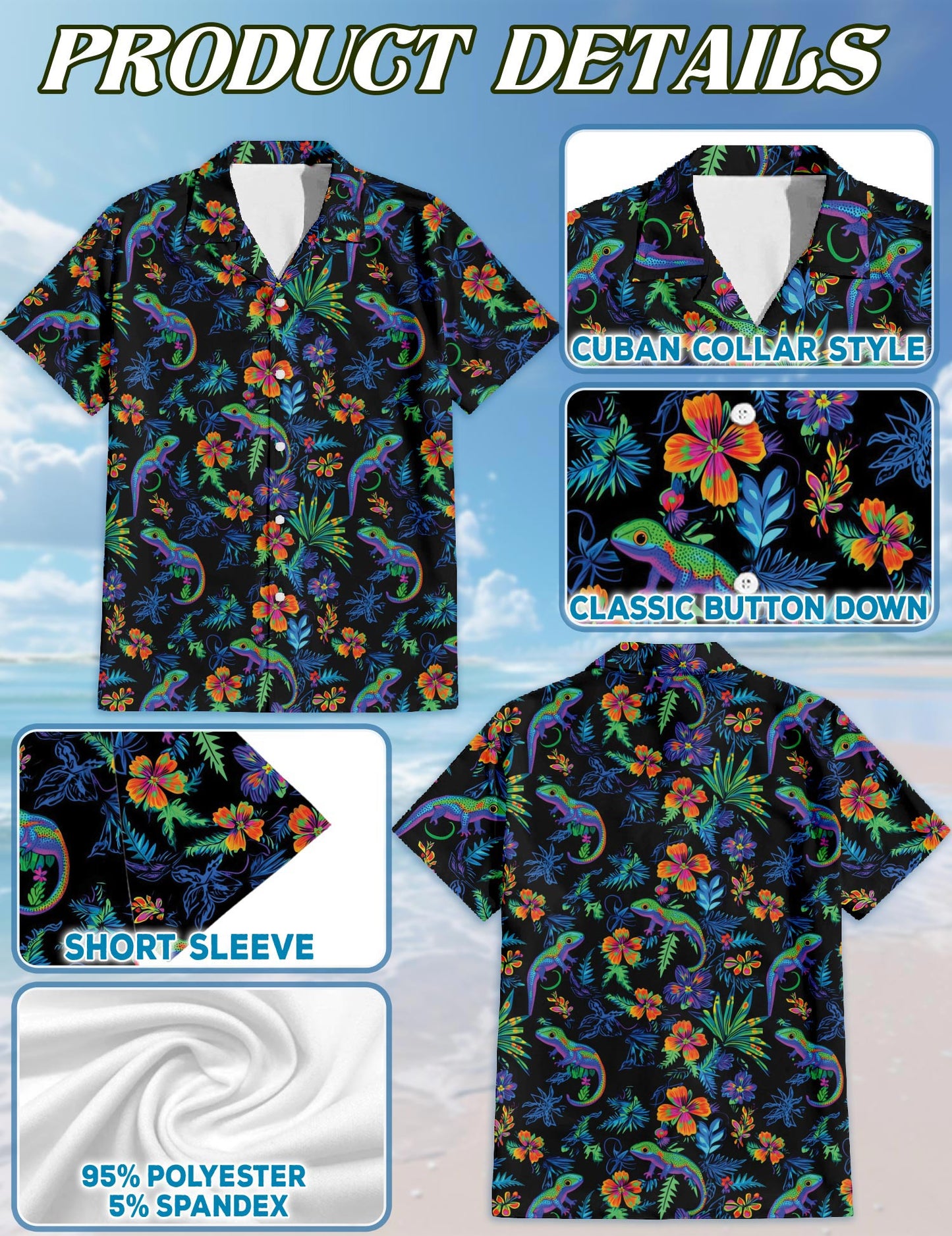 Netecom Colorful Gecko Hawaiian Shirt for Men, Tropical Style, Button Down Summer Beach Short Sleeve, Sizes S-5XL