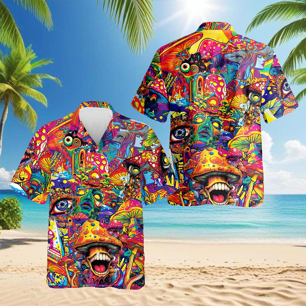 Netecom Colorful Hippie Mushroom Hawaiian Shirt for Men, Button Down Summer Beach Short Sleeve, S-5XL