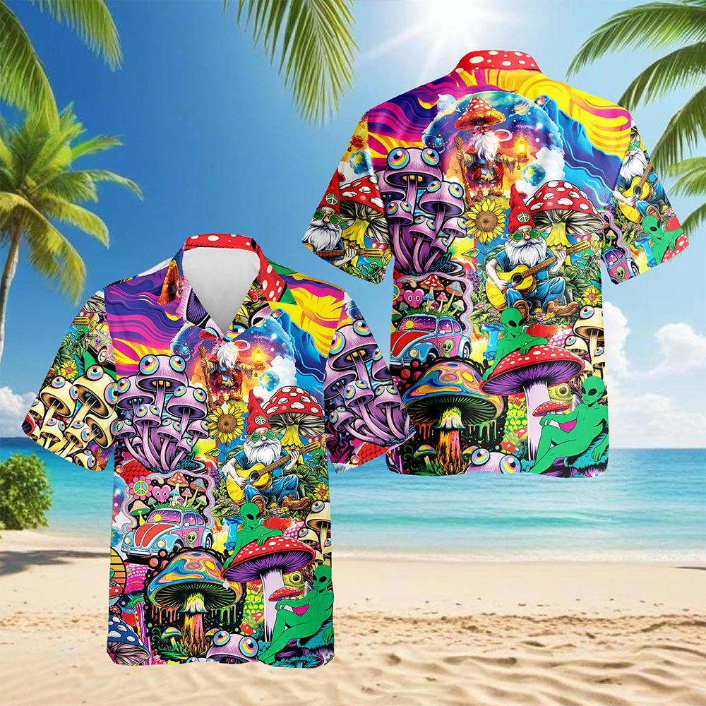 Netecom Colorful Hippie Mushroom Hawaiian Shirt for Men, Mushroom Lover Gifts, Fungi Button Down Summer Beach Shirts, S-5XL