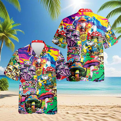 Netecom Colorful Hippie Mushroom Hawaiian Shirt for Men, Mushroom Lover Gifts, Fungi Button Down Summer Beach Shirts, S-5XL