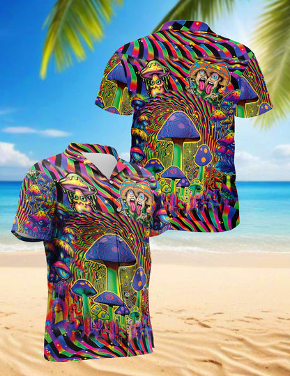 Netecom Colorful Hippie Mushroom Hawaiian Shirt for Men, Vintage Style Button Down Summer Beach Short Sleeve Shirts, S-5XL