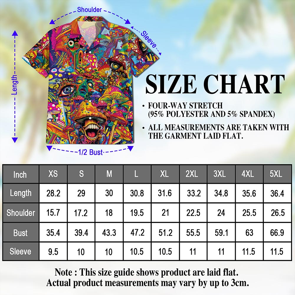 Netecom Colorful Hippie Mushroom Hawaiian Shirt for Men, Button Down Summer Beach Short Sleeve, S-5XL