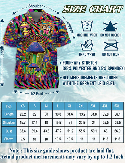 Netecom Colorful Hippie Mushroom Hawaiian Shirt for Men, Vintage Style Button Down Summer Beach Short Sleeve Shirts, S-5XL