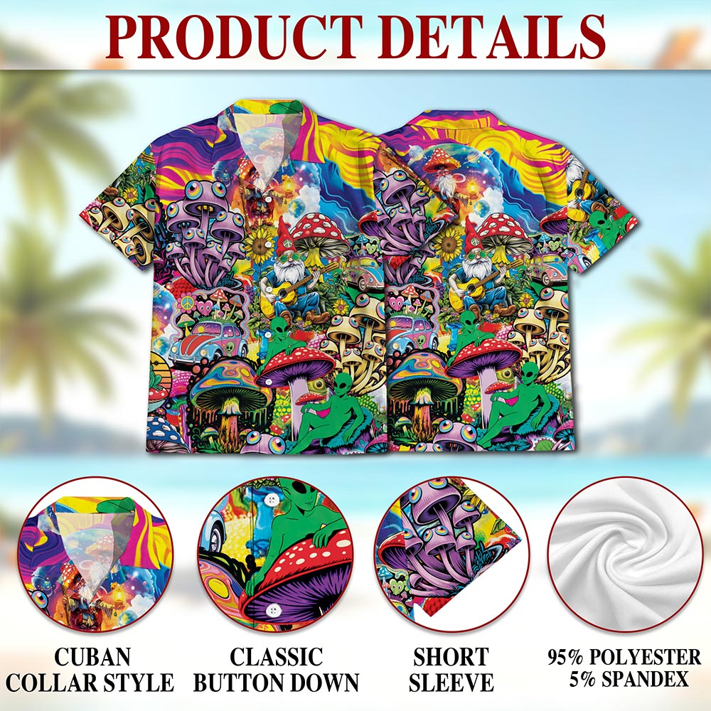 Netecom Colorful Hippie Mushroom Hawaiian Shirt for Men, Mushroom Lover Gifts, Fungi Button Down Summer Beach Shirts, S-5XL