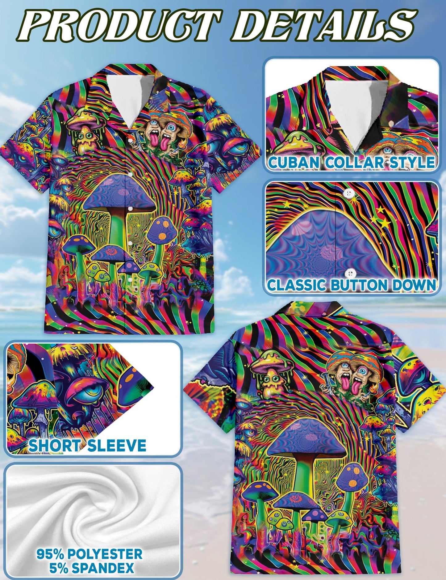 Netecom Colorful Hippie Mushroom Hawaiian Shirt for Men, Vintage Style Button Down Summer Beach Short Sleeve Shirts, S-5XL