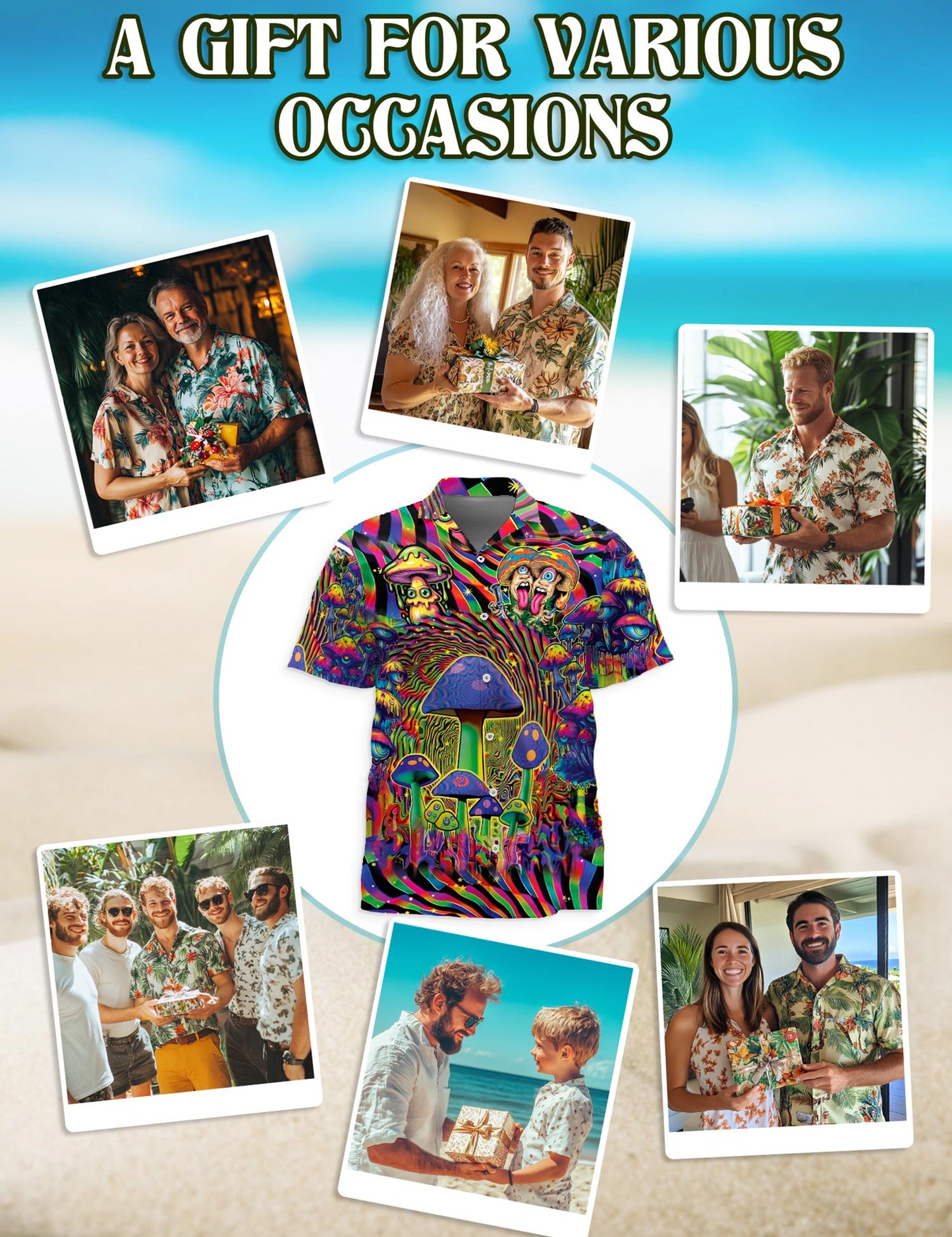 Netecom Colorful Hippie Mushroom Hawaiian Shirt for Men, Vintage Style Button Down Summer Beach Short Sleeve Shirts, S-5XL