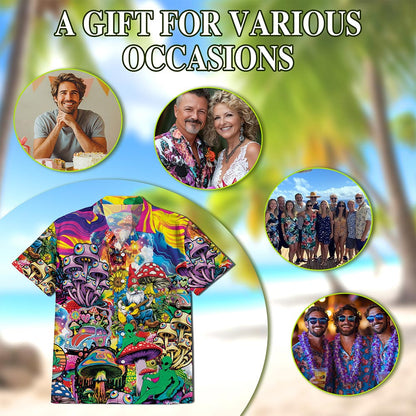 Netecom Colorful Hippie Mushroom Hawaiian Shirt for Men, Mushroom Lover Gifts, Fungi Button Down Summer Beach Shirts, S-5XL