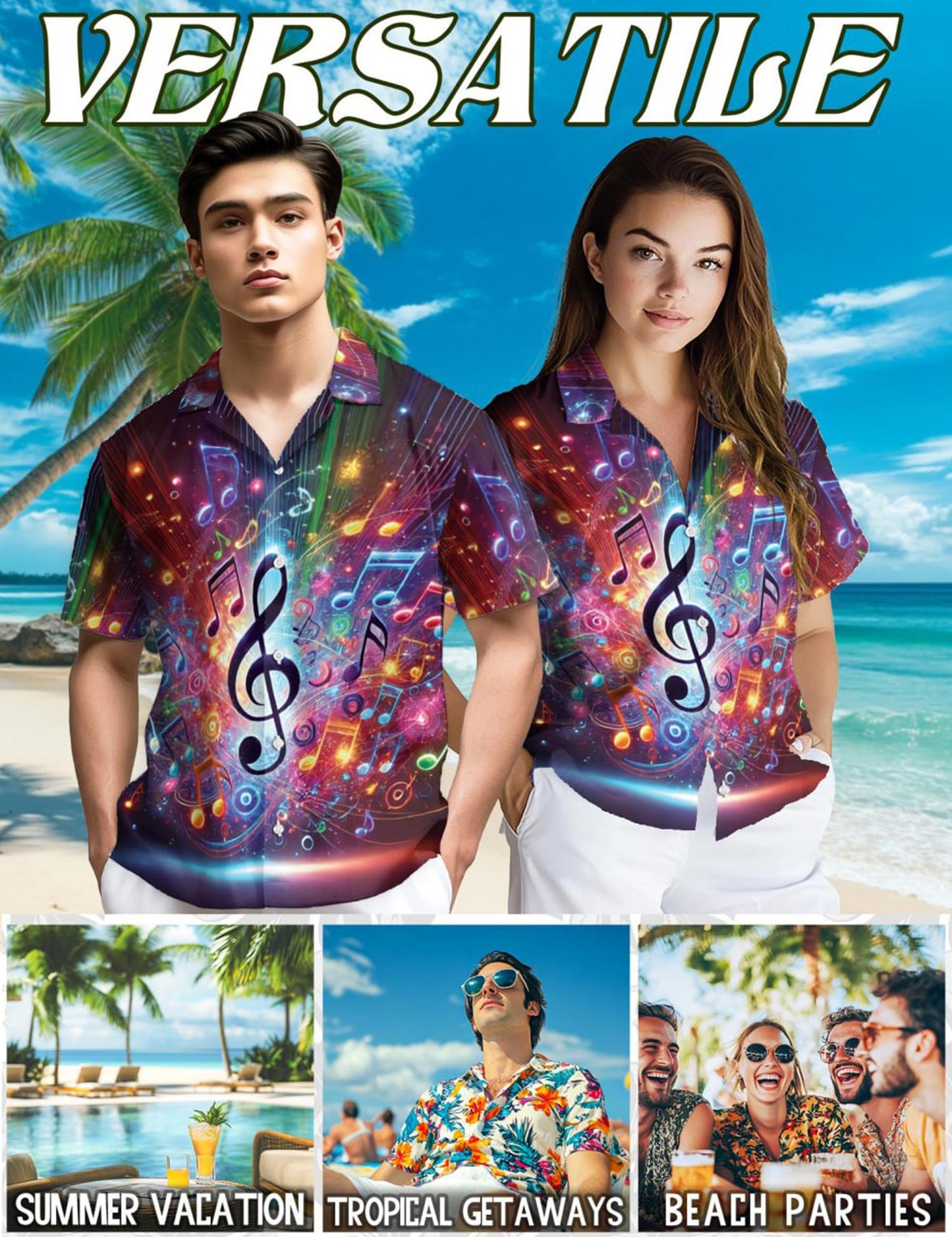 Netecom Colorful Music Notes Hawaiian Shirt for Men, Musician Gifts, Button Down Summer Beach Short Sleeve, S-5XL