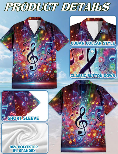 Netecom Colorful Music Notes Hawaiian Shirt for Men, Musician Gifts, Button Down Summer Beach Short Sleeve, S-5XL