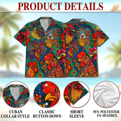 Netecom Colorful Rooster Hawaiian Shirt for Men, Button Down Summer Beach Short Sleeve, S-5XL