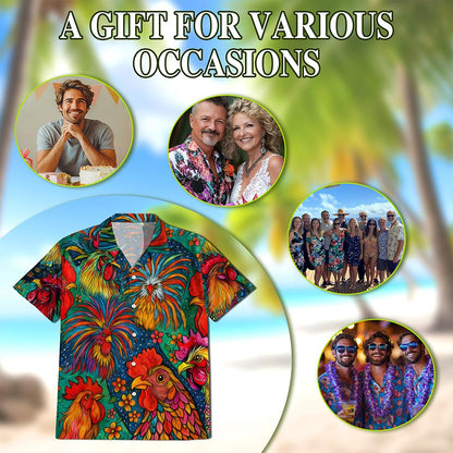Netecom Colorful Rooster Hawaiian Shirt for Men, Button Down Summer Beach Short Sleeve, S-5XL