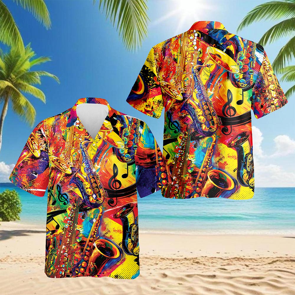 Netecom Colorful Saxophone Hawaiian Shirt for Men, Saxophonist Gift, Musical Instrument Button Down Summer Beach Shirts, S-5XL