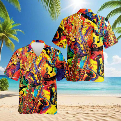 Netecom Colorful Saxophone Hawaiian Shirt for Men, Saxophonist Gift, Musical Instrument Button Down Summer Beach Shirts, S-5XL