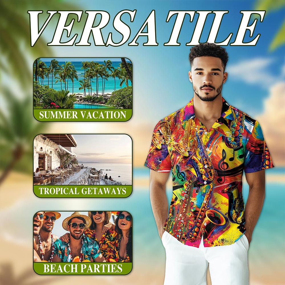 Netecom Colorful Saxophone Hawaiian Shirt for Men, Saxophonist Gift, Musical Instrument Button Down Summer Beach Shirts, S-5XL