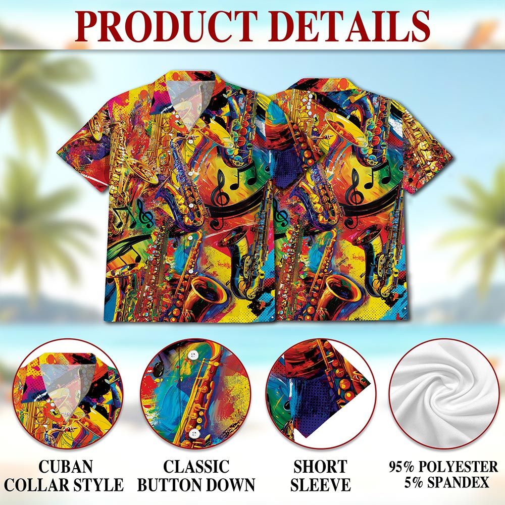 Netecom Colorful Saxophone Hawaiian Shirt for Men, Saxophonist Gift, Musical Instrument Button Down Summer Beach Shirts, S-5XL