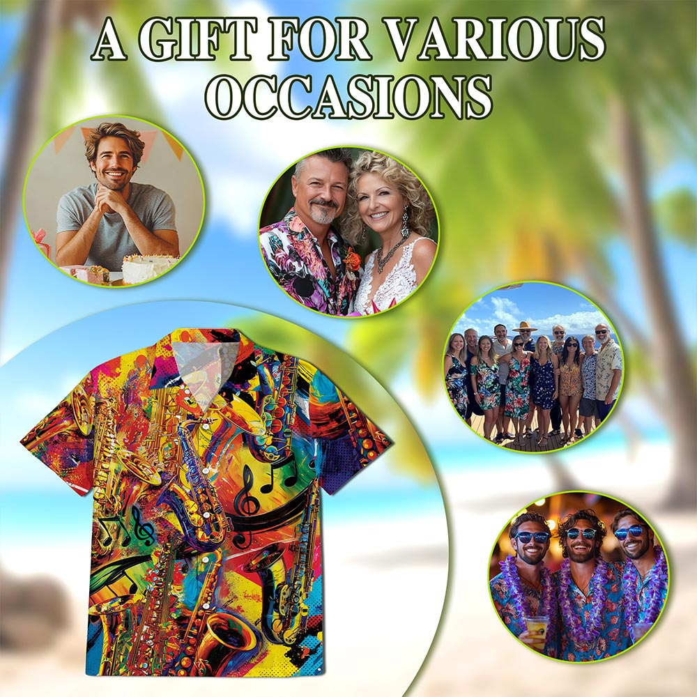 Netecom Colorful Saxophone Hawaiian Shirt for Men, Saxophonist Gift, Musical Instrument Button Down Summer Beach Shirts, S-5XL