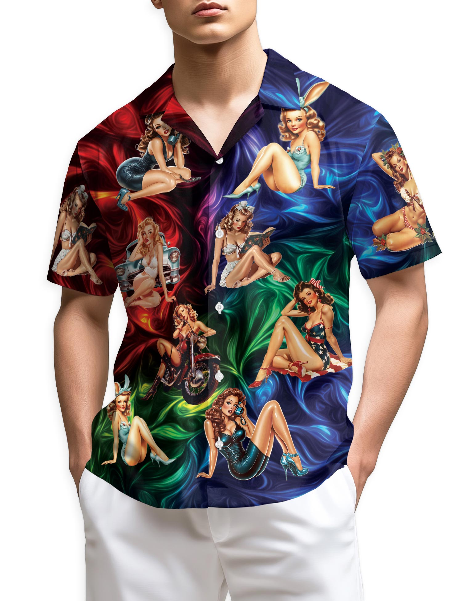 Netecom Colorful Sexy Retro Girls Hawaiian Shirt for Men