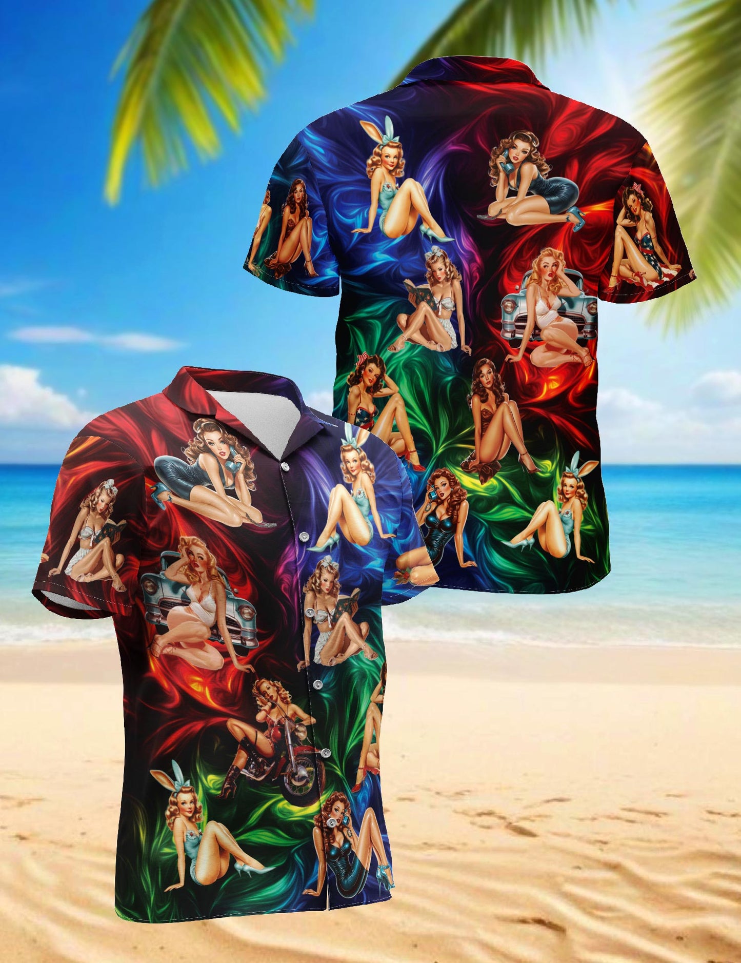 Netecom Colorful Sexy Retro Girls Hawaiian Shirt for Men, Button Down Summer Beach Short Sleeve, Vintage Style, Sizes S-5XL