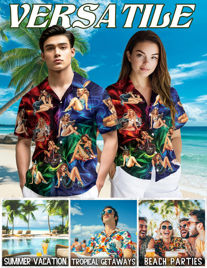 Netecom Colorful Sexy Retro Girls Hawaiian Shirt for Men, Button Down Summer Beach Short Sleeve, Vintage Style, Sizes S-5XL