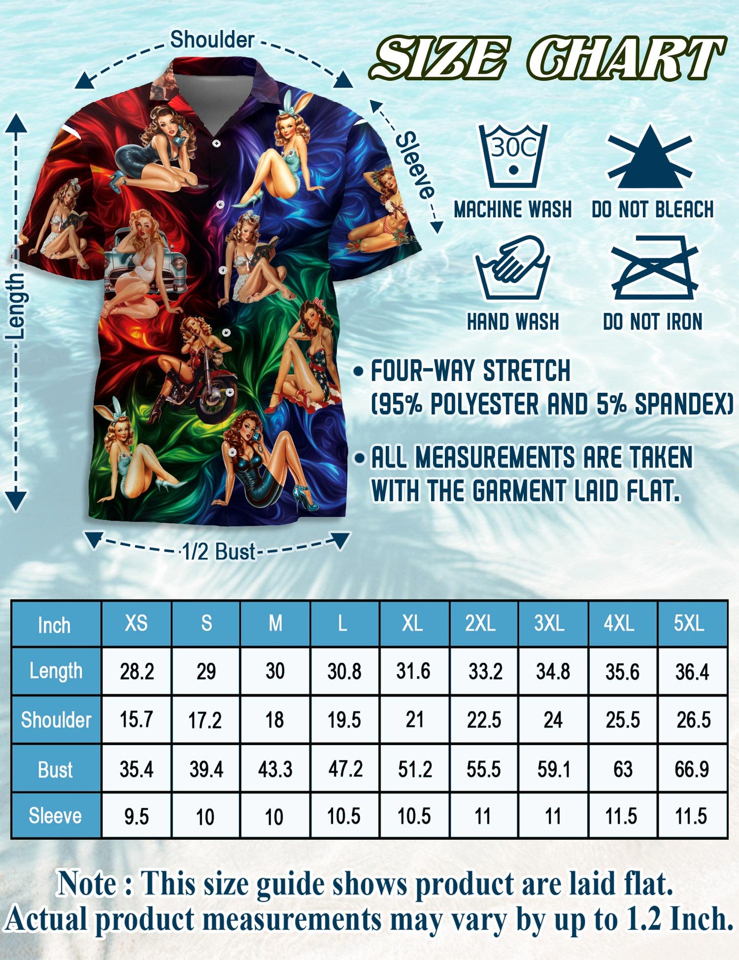 Netecom Colorful Sexy Retro Girls Hawaiian Shirt for Men, Button Down Summer Beach Short Sleeve, Vintage Style, Sizes S-5XL
