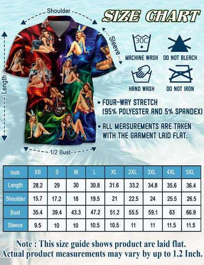 Netecom Colorful Sexy Retro Girls Hawaiian Shirt for Men, Button Down Summer Beach Short Sleeve, Vintage Style, Sizes S-5XL