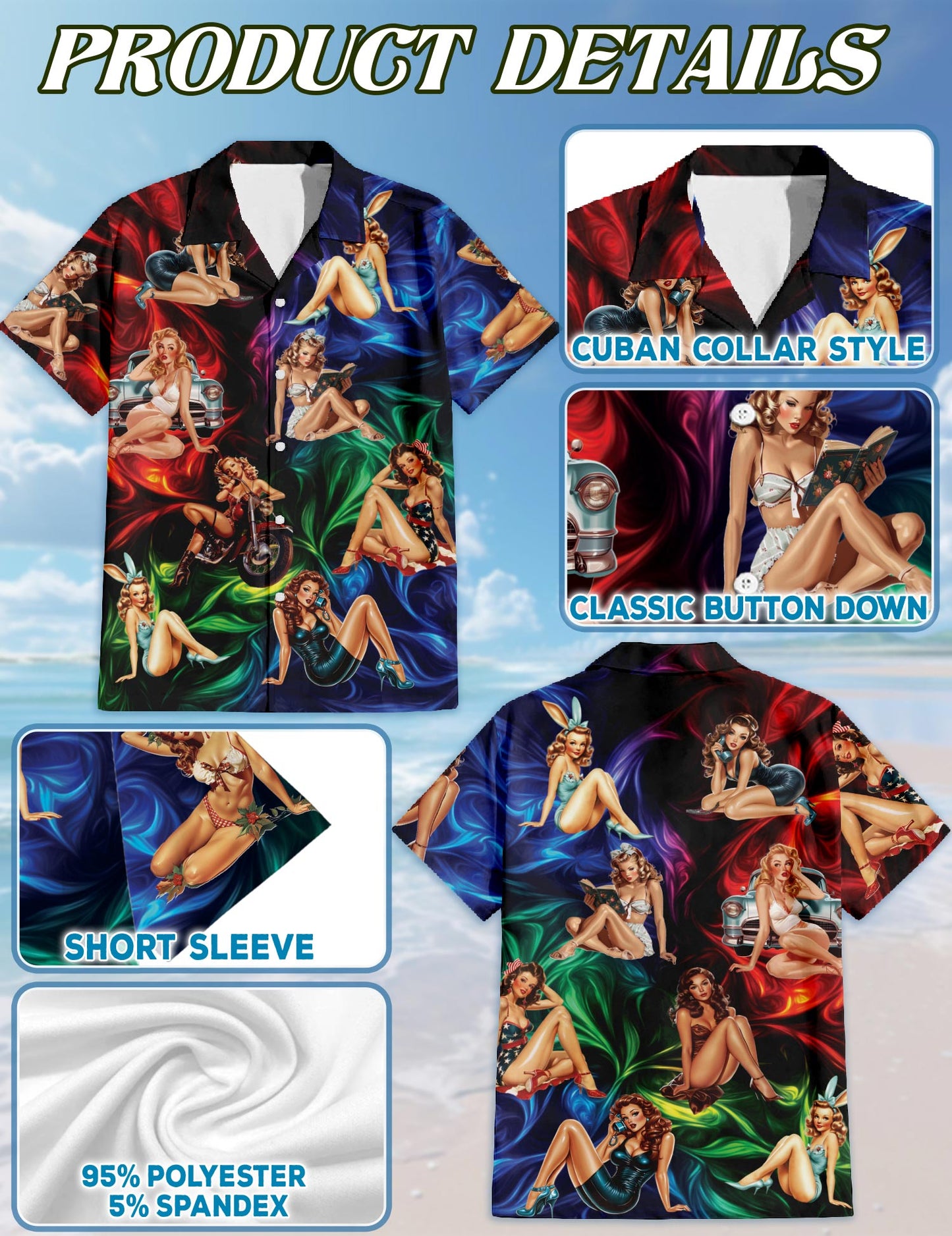 Netecom Colorful Sexy Retro Girls Hawaiian Shirt for Men, Button Down Summer Beach Short Sleeve, Vintage Style, Sizes S-5XL