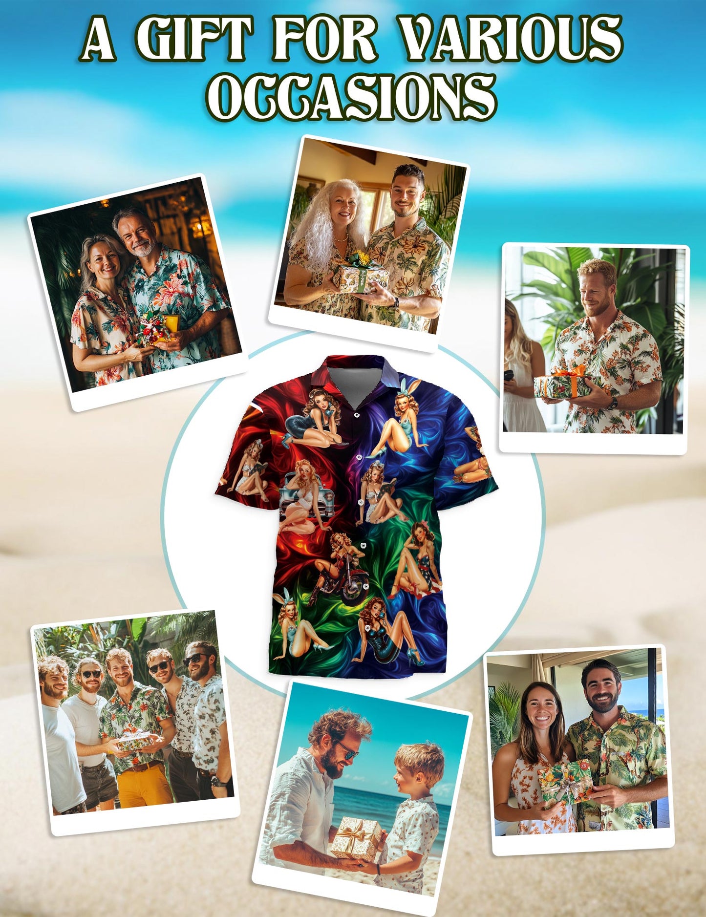 Netecom Colorful Sexy Retro Girls Hawaiian Shirt for Men, Button Down Summer Beach Short Sleeve, Vintage Style, Sizes S-5XL