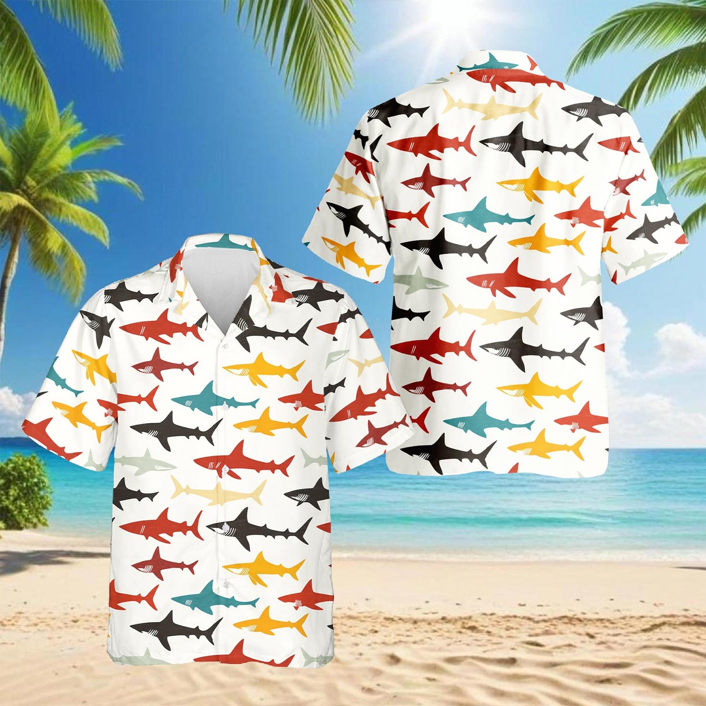 Netecom Colorful Shark Hawaiian Shirt for Men, Vintage Style, Button Down Summer Beach Short Sleeve, S-5XL