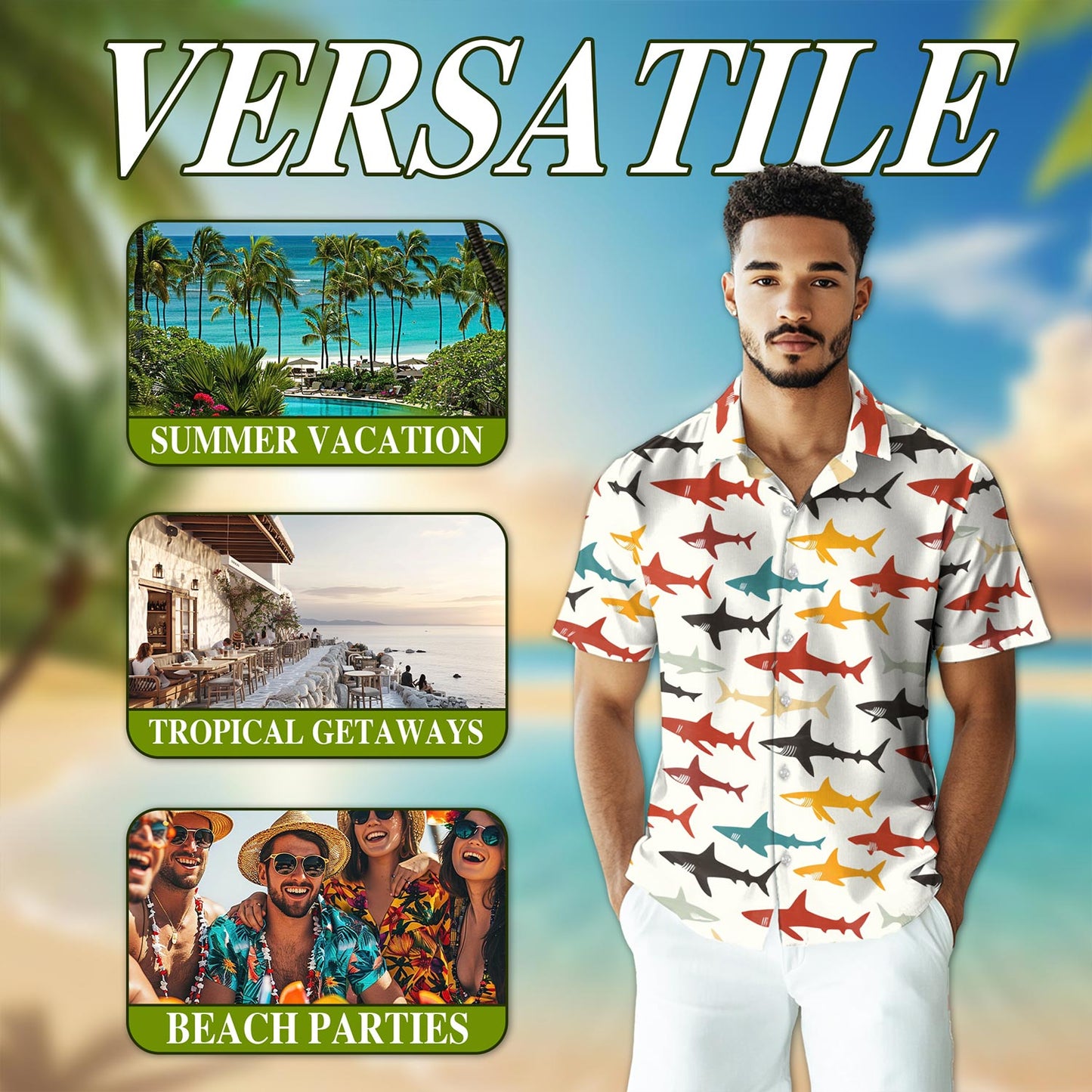 Netecom Colorful Shark Hawaiian Shirt for Men, Vintage Style, Button Down Summer Beach Short Sleeve, S-5XL