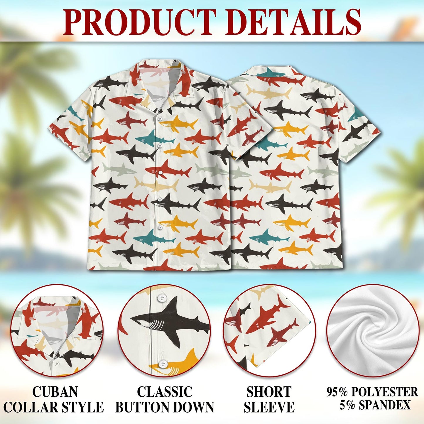 Netecom Colorful Shark Hawaiian Shirt for Men, Vintage Style, Button Down Summer Beach Short Sleeve, S-5XL