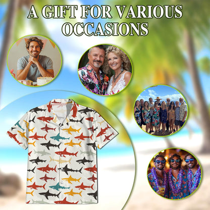 Netecom Colorful Shark Hawaiian Shirt for Men, Vintage Style, Button Down Summer Beach Short Sleeve, S-5XL