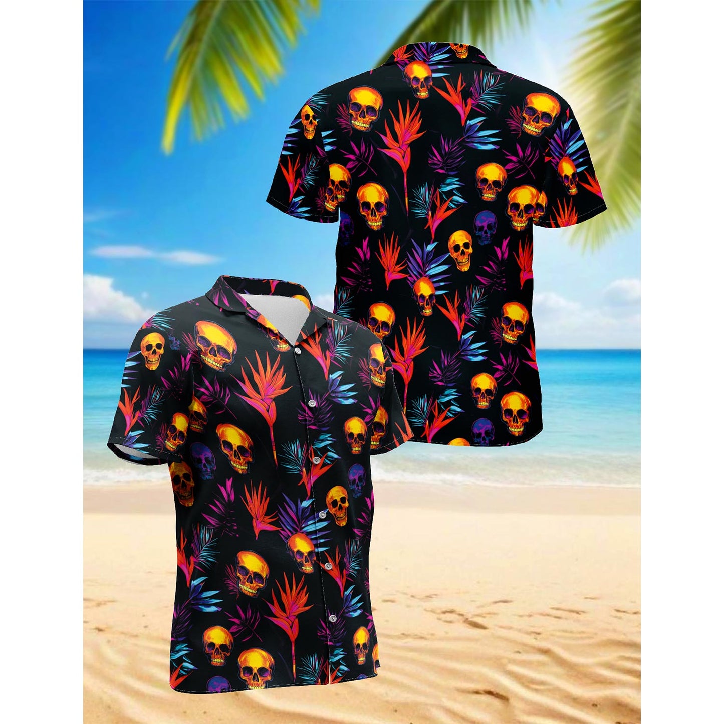 Netecom Colorful Skull Spooky Hawaiian Shirt for Men, Button Down Summer Beach Short Sleeve, Tropical Style, Sizes S-5XL
