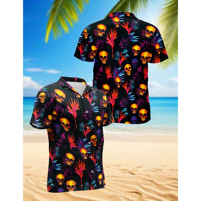 Netecom Colorful Skull Spooky Hawaiian Shirt for Men, Button Down Summer Beach Short Sleeve, Tropical Style, Sizes S-5XL