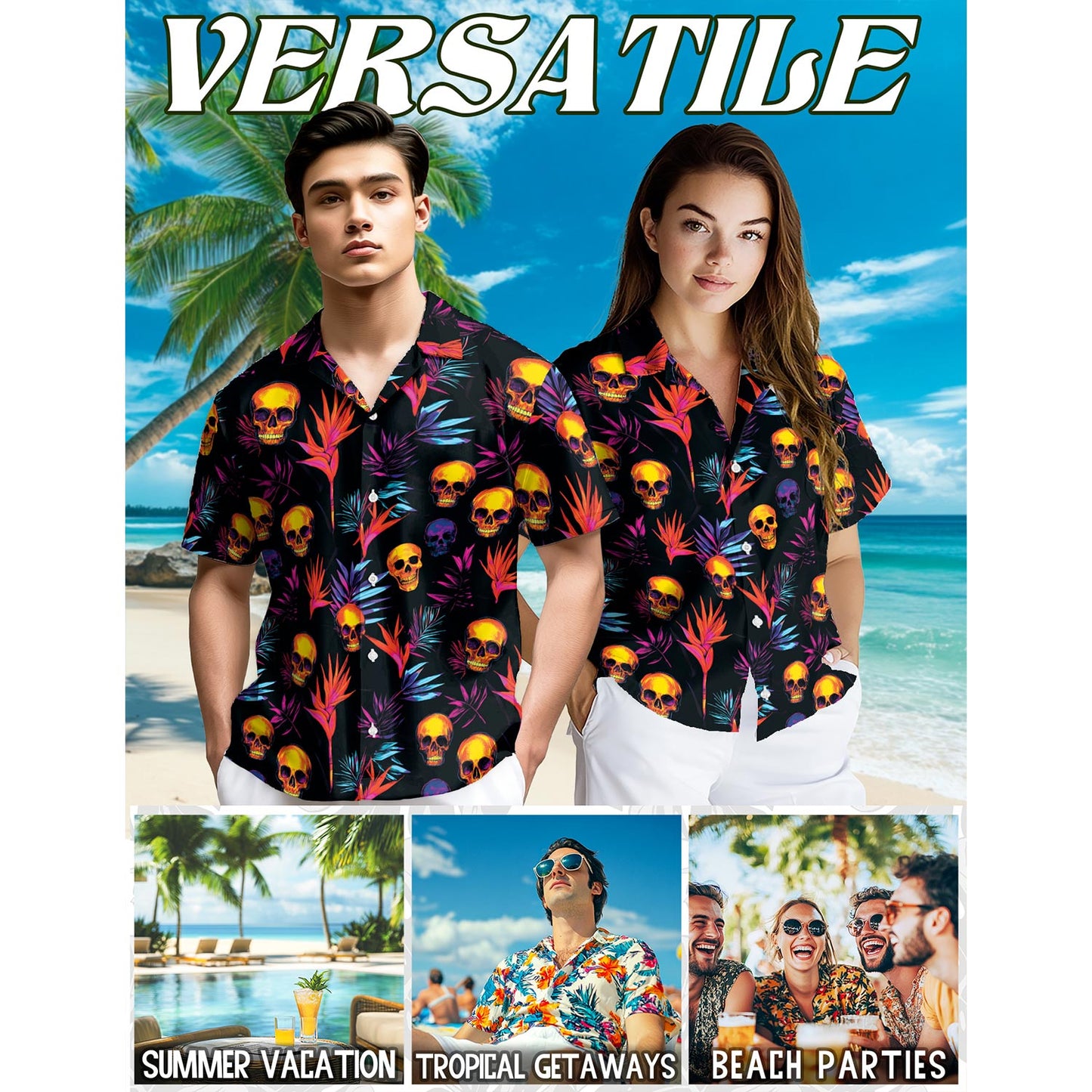 Netecom Colorful Skull Spooky Hawaiian Shirt for Men, Button Down Summer Beach Short Sleeve, Tropical Style, Sizes S-5XL
