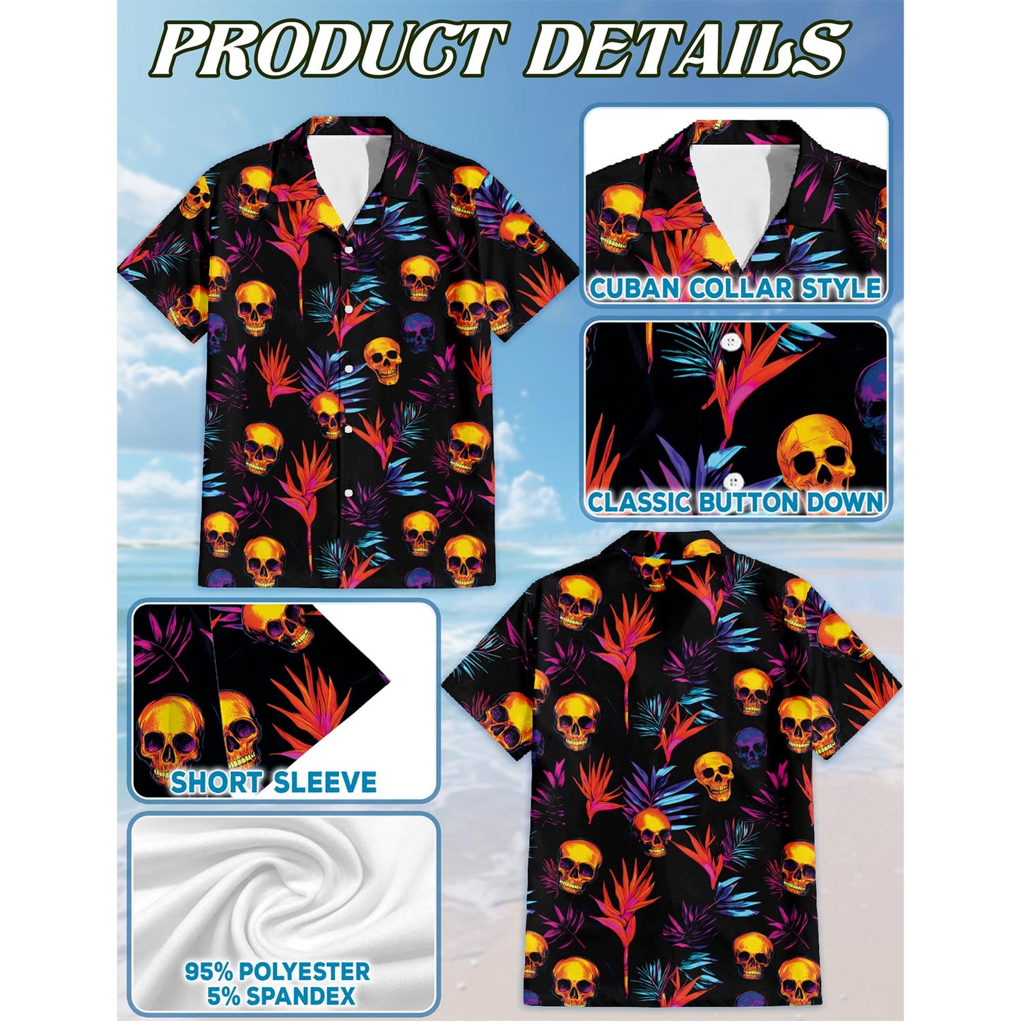 Netecom Colorful Skull Spooky Hawaiian Shirt for Men, Button Down Summer Beach Short Sleeve, Tropical Style, Sizes S-5XL