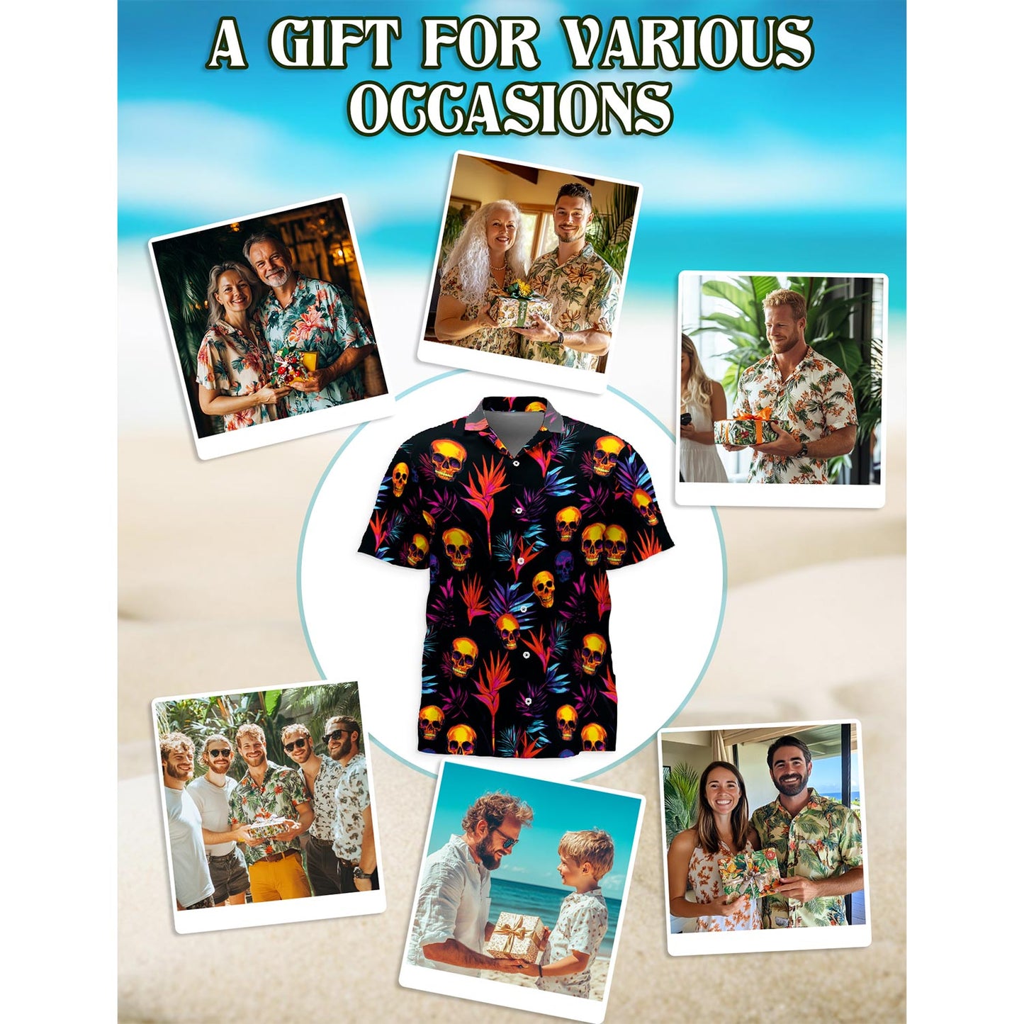 Netecom Colorful Skull Spooky Hawaiian Shirt for Men, Button Down Summer Beach Short Sleeve, Tropical Style, Sizes S-5XL