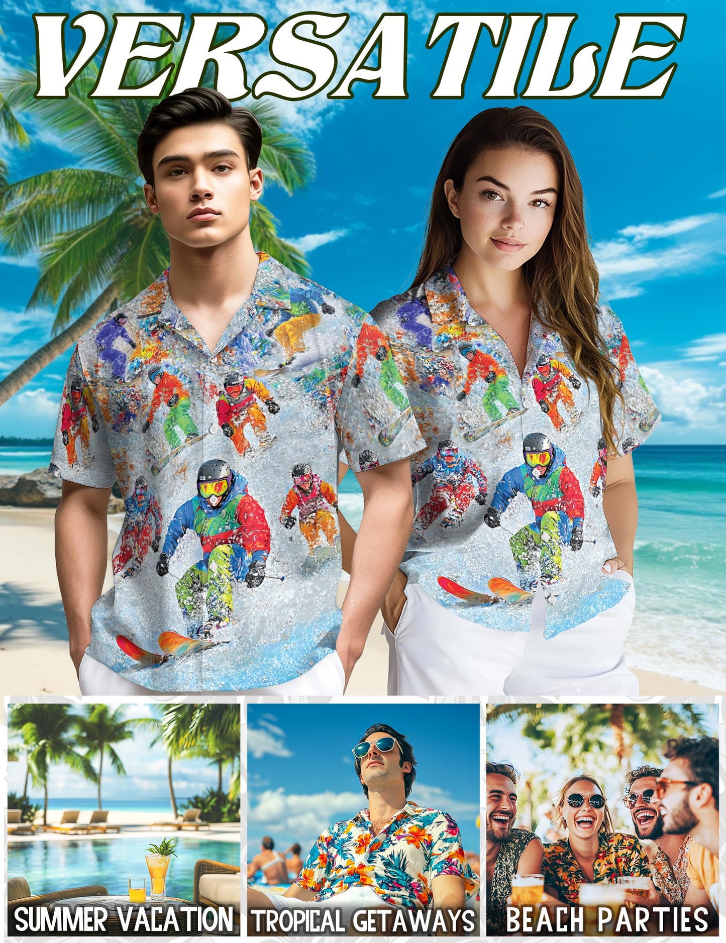 Netecom Cool Snowboard Hawaiian Shirt for Men, Ski Lover Gifts, Mountain Skier Button Down Summer Beach Short Sleeve, S-5XL