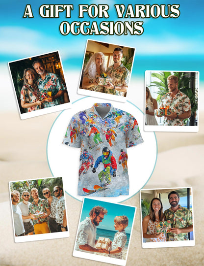 Netecom Cool Snowboard Hawaiian Shirt for Men, Ski Lover Gifts, Mountain Skier Button Down Summer Beach Short Sleeve, S-5XL
