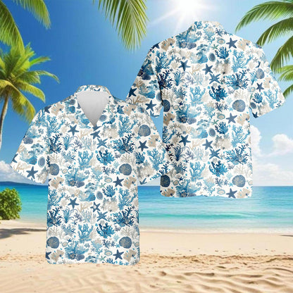 Netecom Coral Hawaiian Shirt for Men, Button Down Summer Beach Short Sleeve, Ocean Lover Gifts, S-5XL