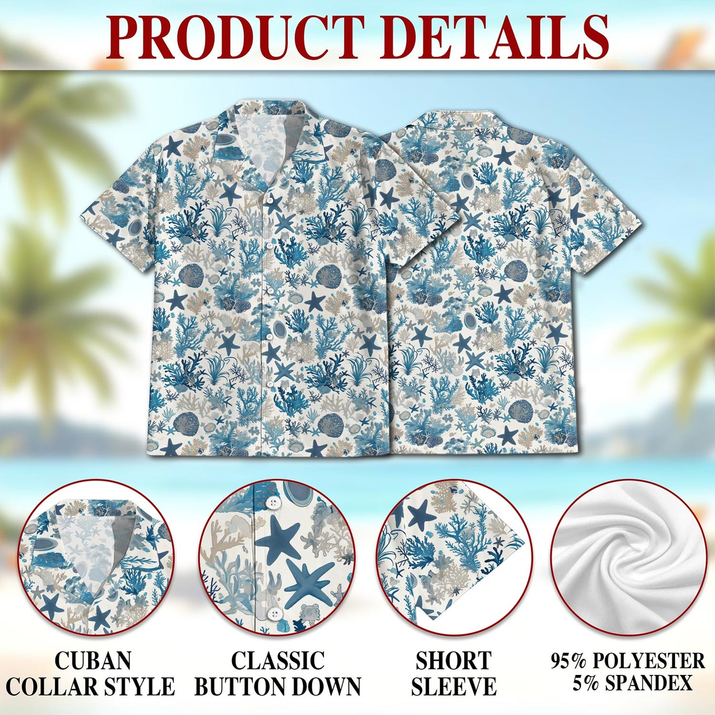 Netecom Coral Hawaiian Shirt for Men, Button Down Summer Beach Short Sleeve, Ocean Lover Gifts, S-5XL