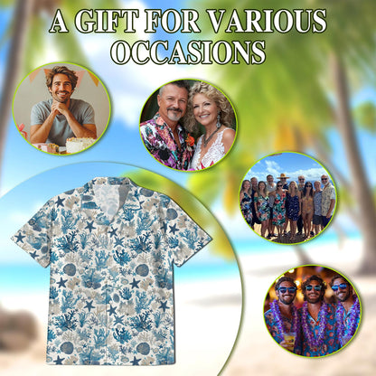 Netecom Coral Hawaiian Shirt for Men, Button Down Summer Beach Short Sleeve, Ocean Lover Gifts, S-5XL