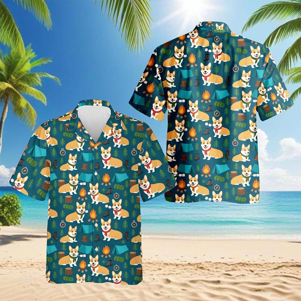 Netecom Corgi Camping Hawaiian Shirt for Men, Retro Style, Button Down Summer Beach Short Sleeve, S-5XL