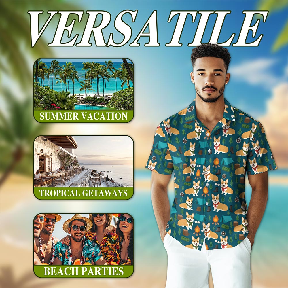 Netecom Corgi Camping Hawaiian Shirt for Men, Retro Style, Button Down Summer Beach Short Sleeve, S-5XL