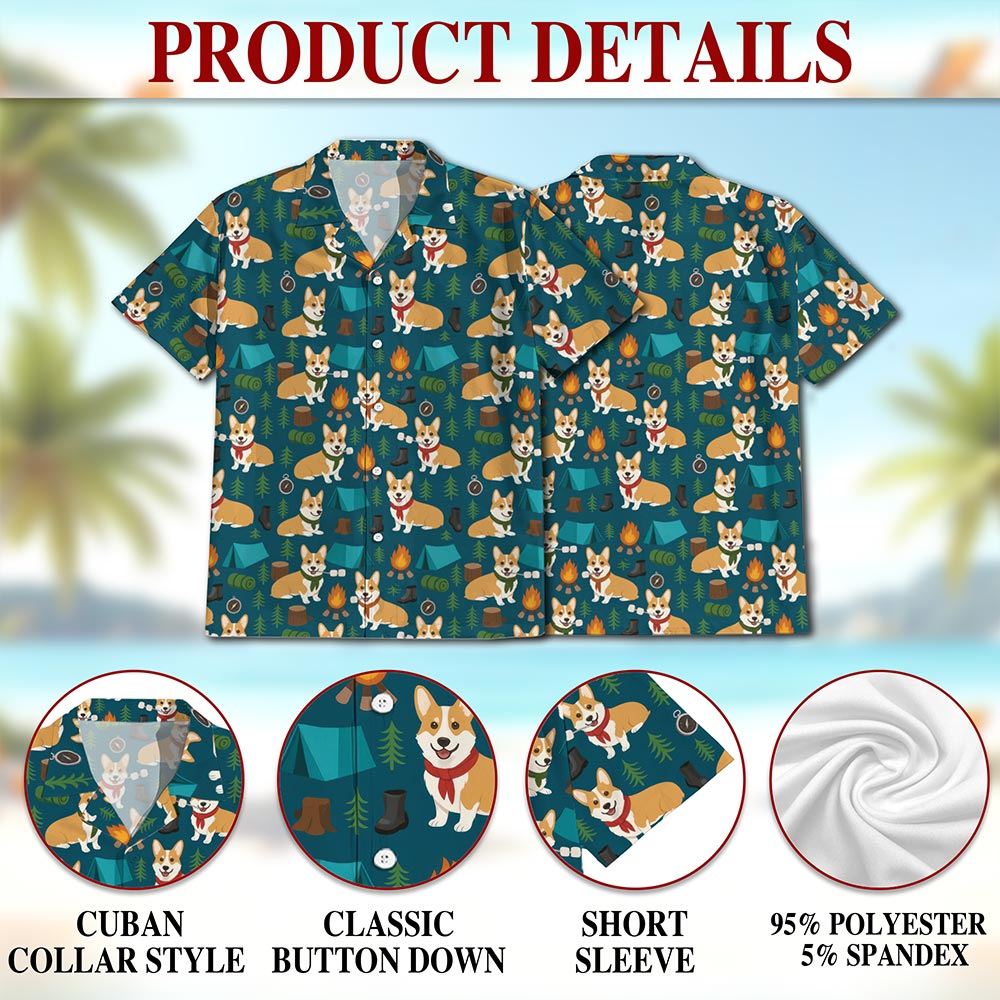 Netecom Corgi Camping Hawaiian Shirt for Men, Retro Style, Button Down Summer Beach Short Sleeve, S-5XL