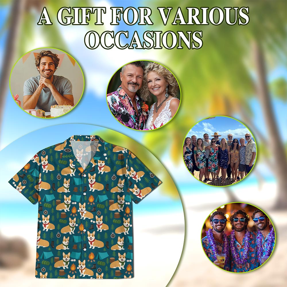 Netecom Corgi Camping Hawaiian Shirt for Men, Retro Style, Button Down Summer Beach Short Sleeve, S-5XL