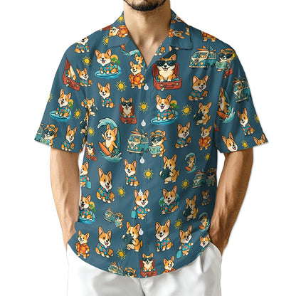 Netecom Corgi Hawaiian Shirt for Men, Tropical Style, Button Down Summer Beach Short Sleeve, S-5XL